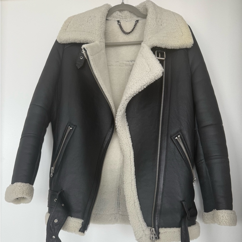 Muubaa Black Leather Jacket with Cream Shearling
